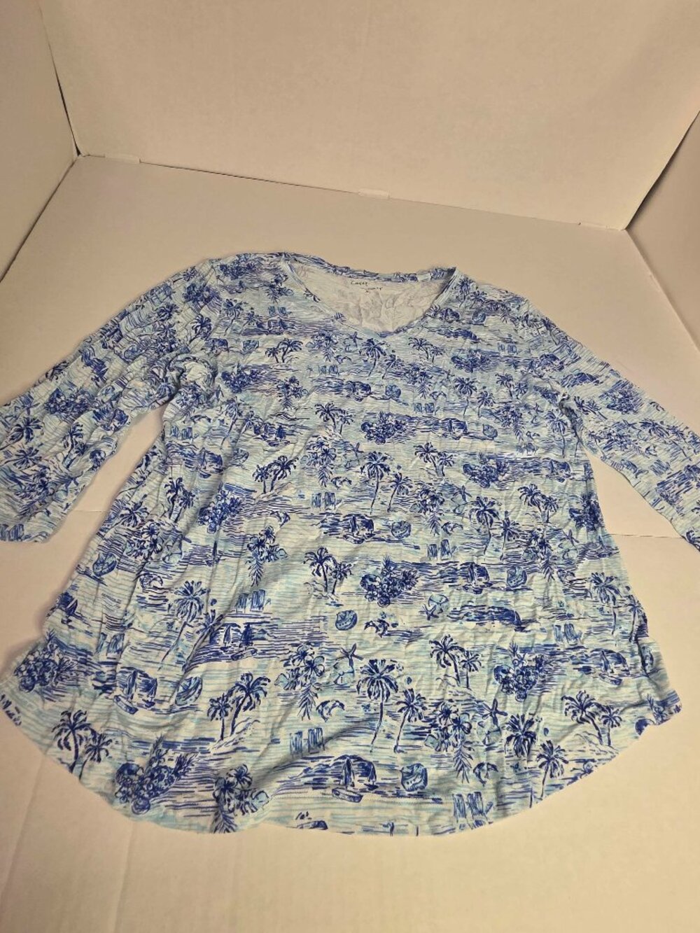 Casey Key Blue White Palm Tree Nautical Print Long Sleeve Top XL